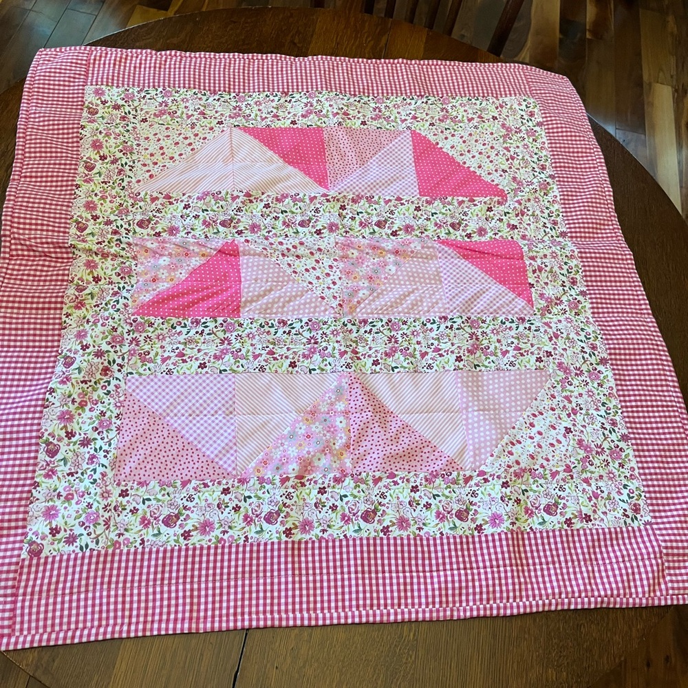Hand Crafted Pink Floral Quilt with Vintage Material
